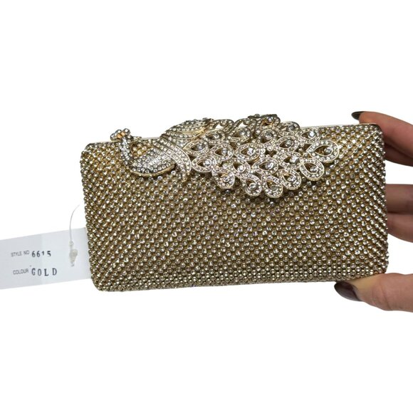 Gold Rhinestone Evening Clutch Peacock Clasp Elegant Formal Purse NWT - Picture 7 of 16